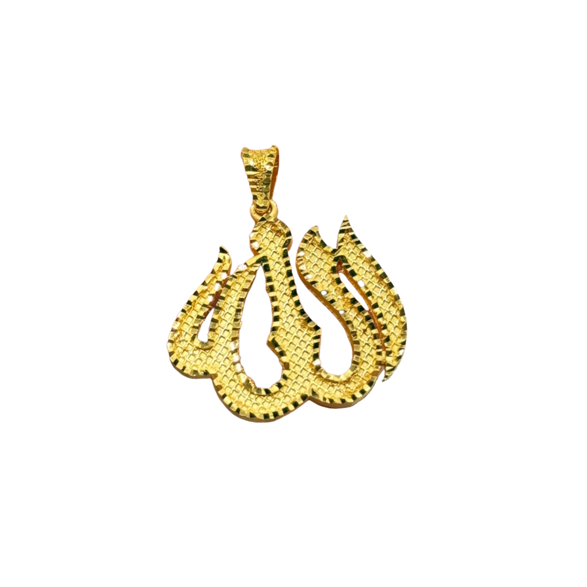 Solid gold Allah Pendant, Arabic calligraphy cut free in all-over granulated texture