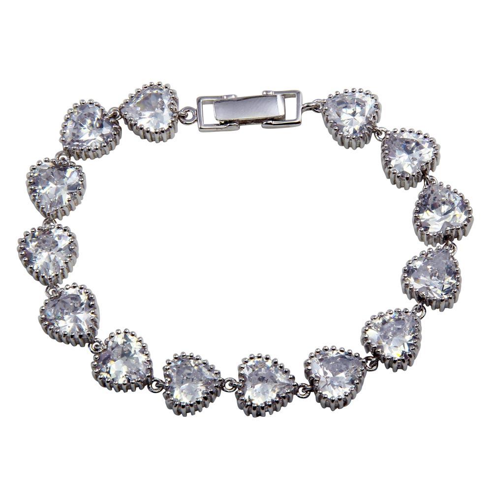 Silver 925 Rhodium Plated Heart Clear CZ Bracelet - STB00279