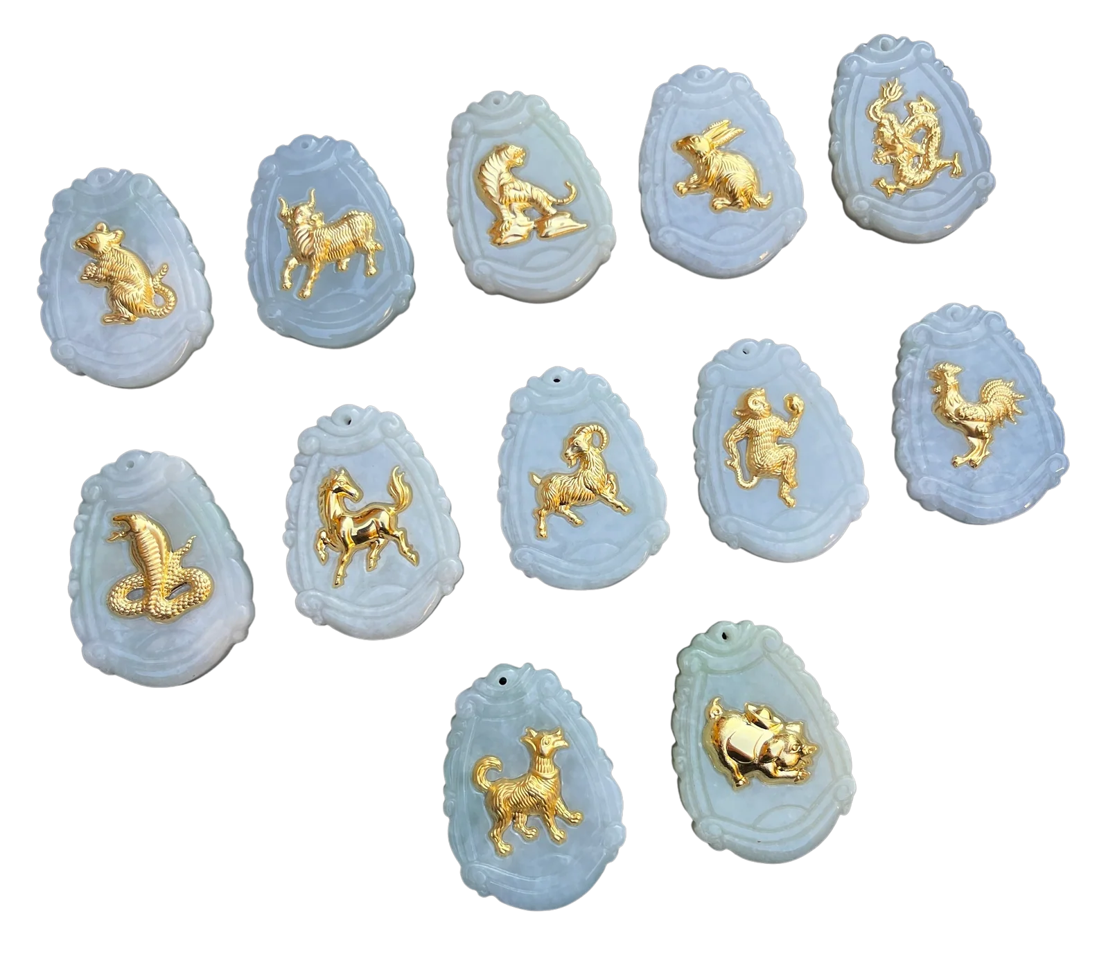 Natural Jade with 24K Zodiac Animal Inlay Pendants