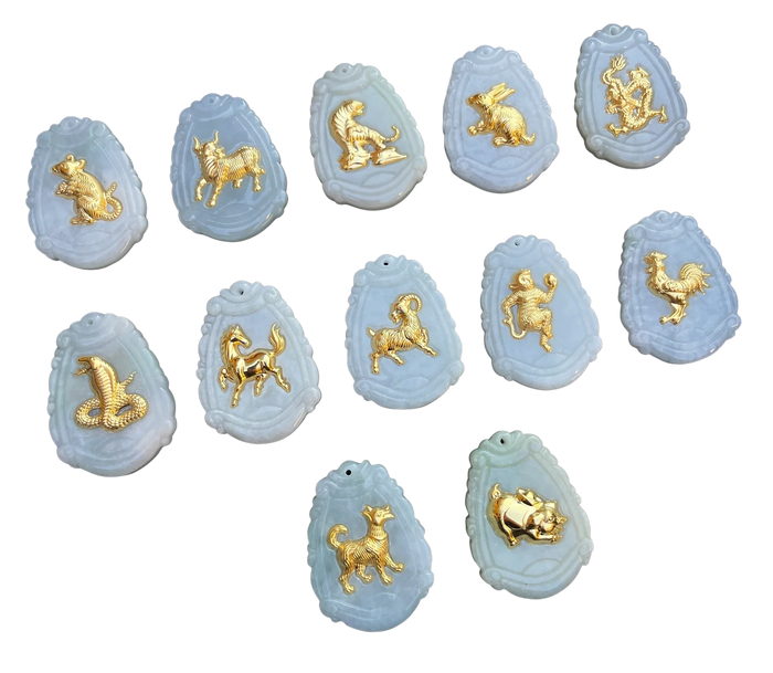 Natural Jade with 24K Zodiac Animal Inlay Pendants in solid 10K-24K gold