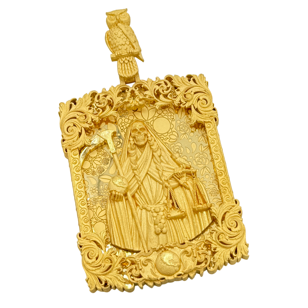 Solid gold Santa Muerte Portrait Pendant with a sculpted owl on the crest and a pierced scrollwork frame