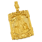Solid gold Santa Muerte Portrait Pendant with a sculpted owl on the crest and a pierced scrollwork frame