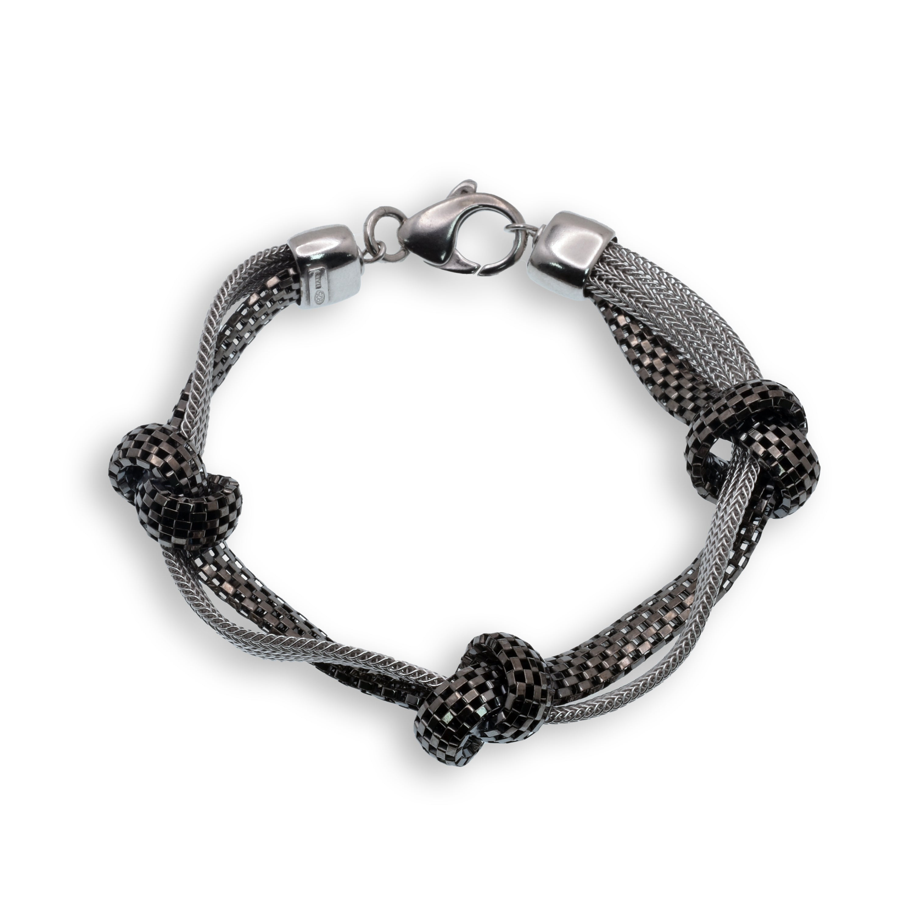 Rhodium & Black Plated Italian Braided & Mesh Triple Knot Bracelet- ITB00023RH/BLK