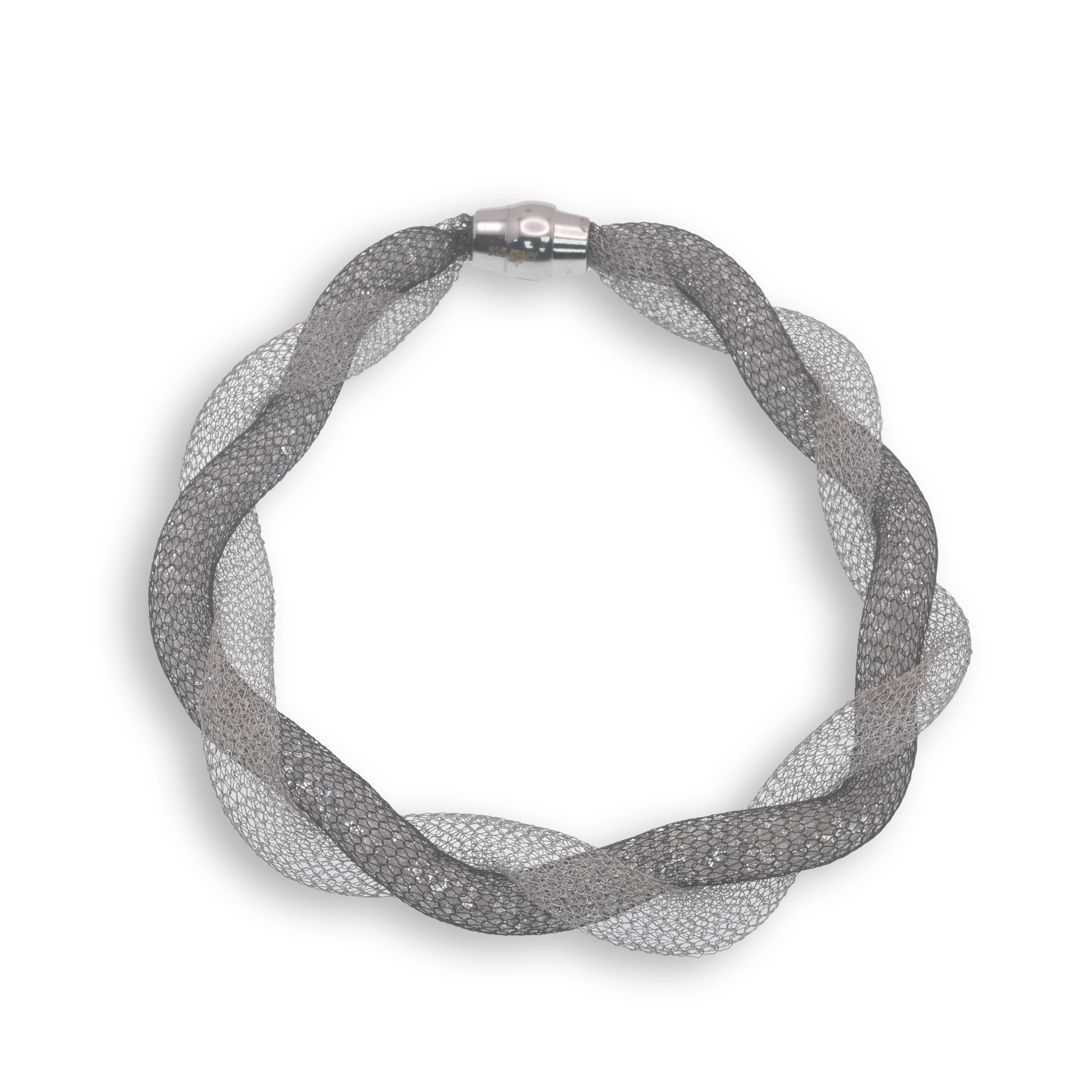 Rhodium & Black Plated Italian Twisted Mesh With CZ Bracelet- ITB00032RH