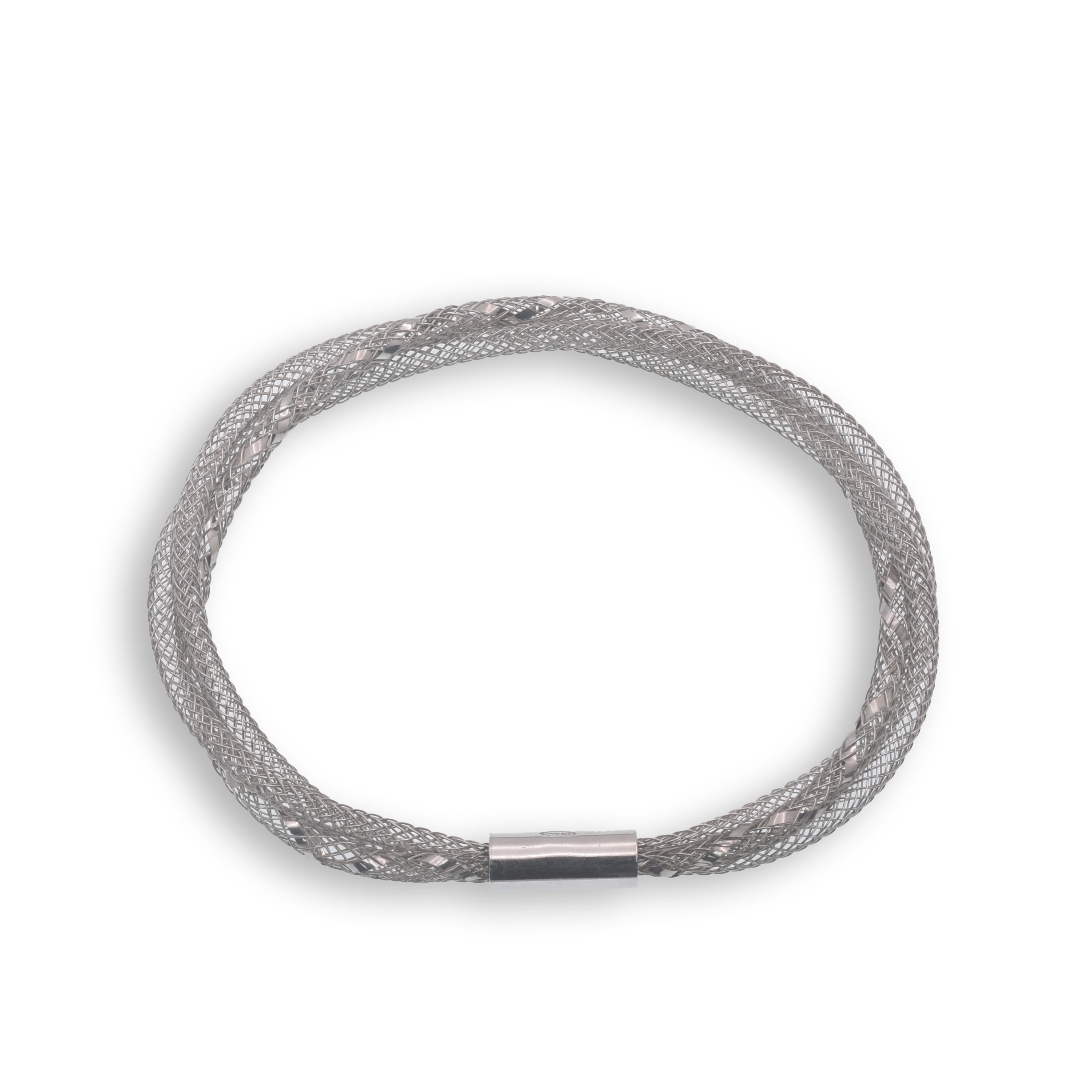 Rhodium Plated Italian Twisted Mesh Bracelet- ITB00035RH