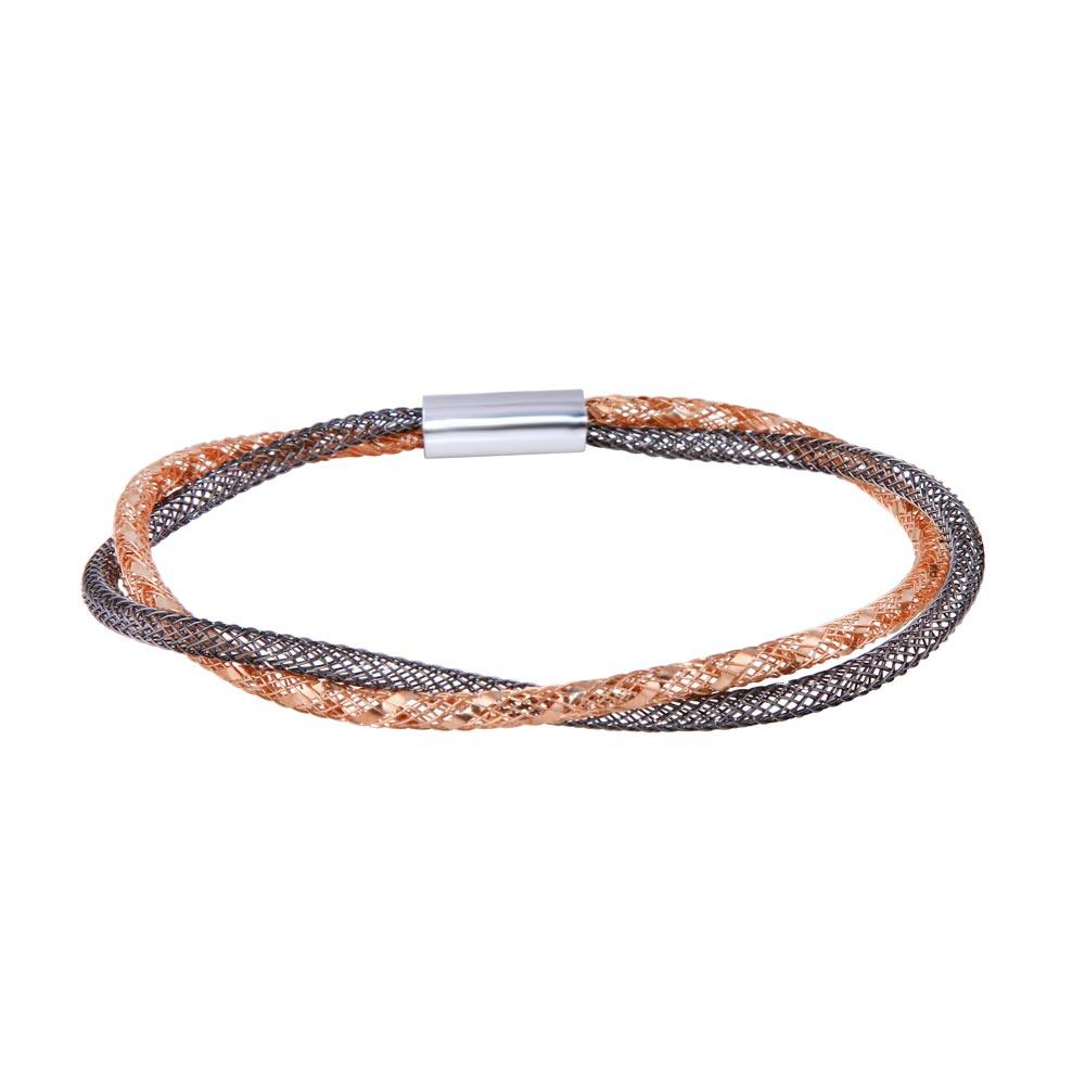 925 Sterling Silver Rose Gold and Black Rhodium Plated Italian Mesh Magnet Lock Bracelet - ITB00039