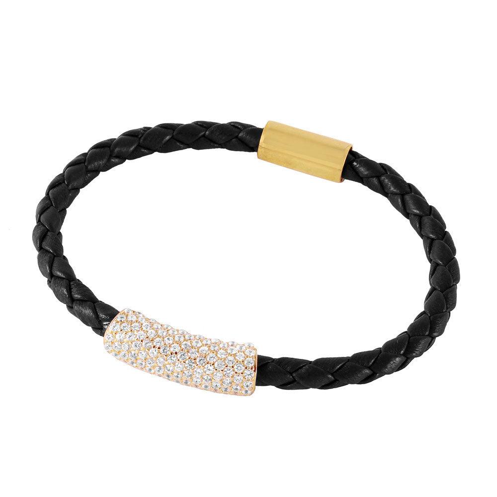 SIlver 925 Gold Plated CZ Bar Italian Leather Bracelet - ITB00142GP-BLK