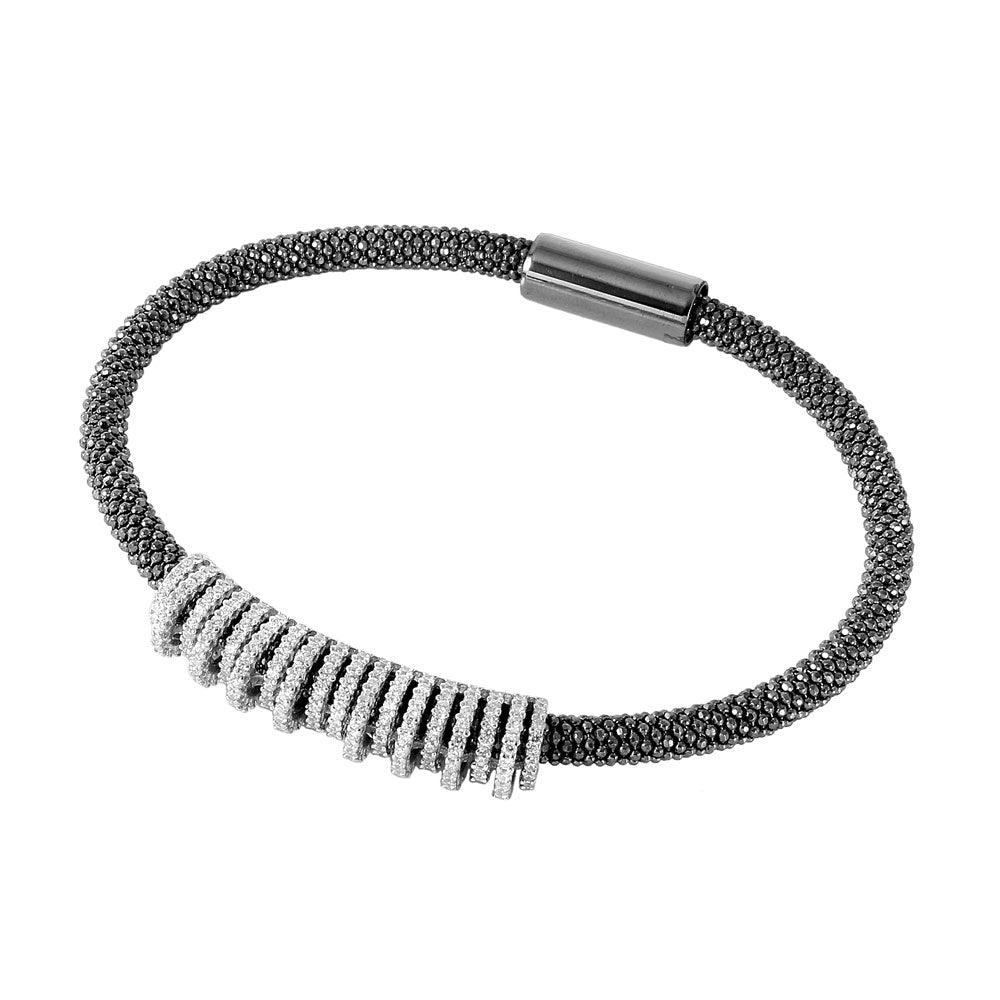 Silver 925 Black Rhodium Plated CZ High-Low Pave Bar Italian Bracelet - ITB00152BLK-RHD