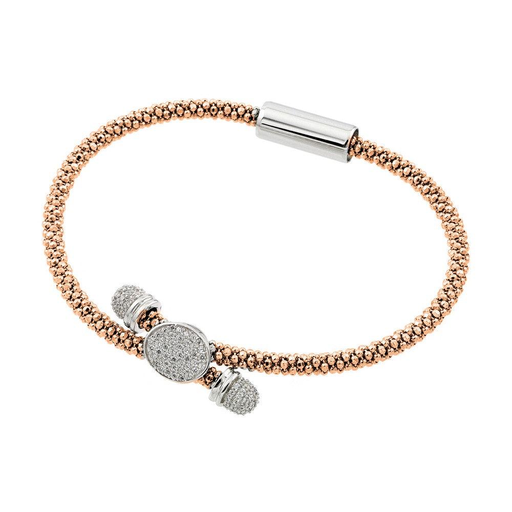 Silver 925 Rhodium and Rose Gold Plated Circle Micro Pave Clear CZ Beaded Italian Bracelet - ITB00170RGP
