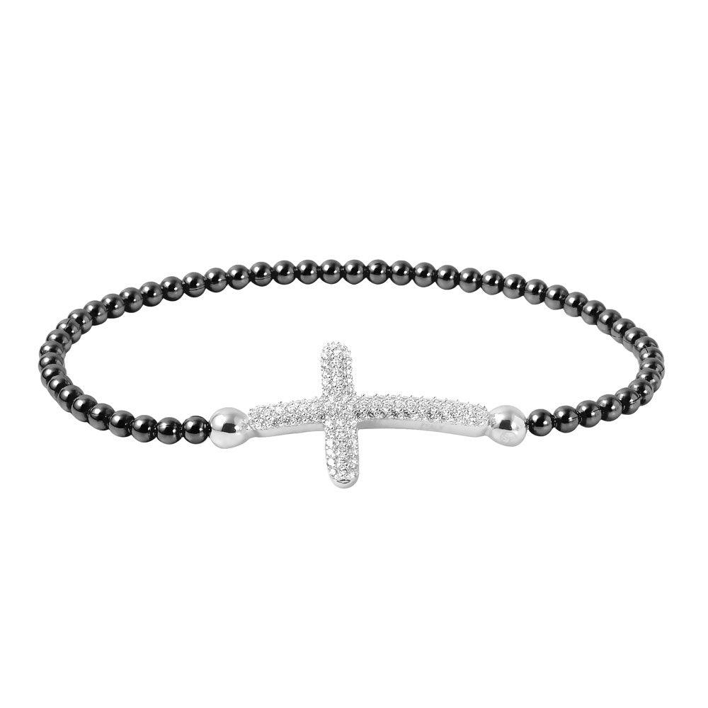 Silver 925 Black Rhodium Plated Beaded Italian Bracelet with CZ Encrusted Cross - ITB00195BLK-RH