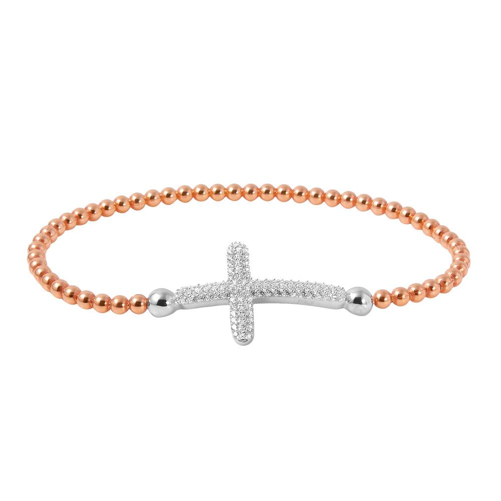 ilver 925 Rose Gold Plated Beaded Italian Bracelet with CZ Encrusted Cross - ITB00195RGP-RH