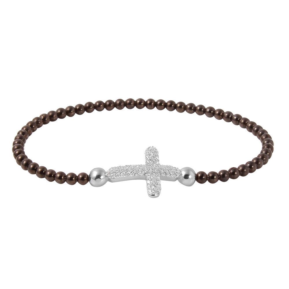 Silver 925 Black Rhodium Plated Beaded Italian Bracelet With CZ Encrusted Cross - ITB00196BLK