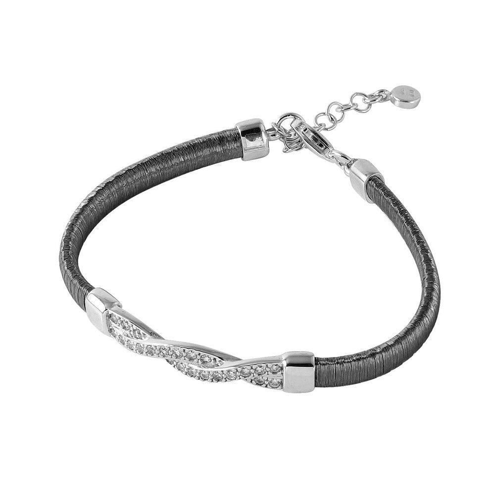 Silver 925 Black Rhodium Plated Italian Bracelet with Twisted CZ Inlay Accent - ITB00211BLK-RH