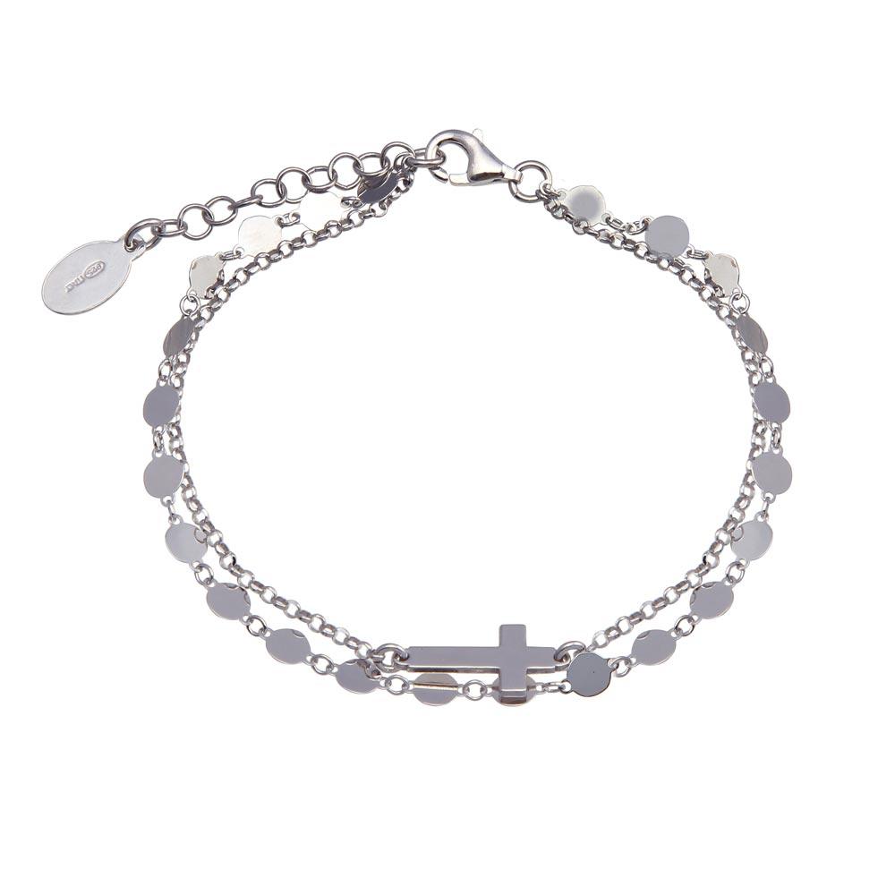 Rhodium Plated 925 Sterling Silver Disc Cross Link Chain Bracelet - ITB00314-RH