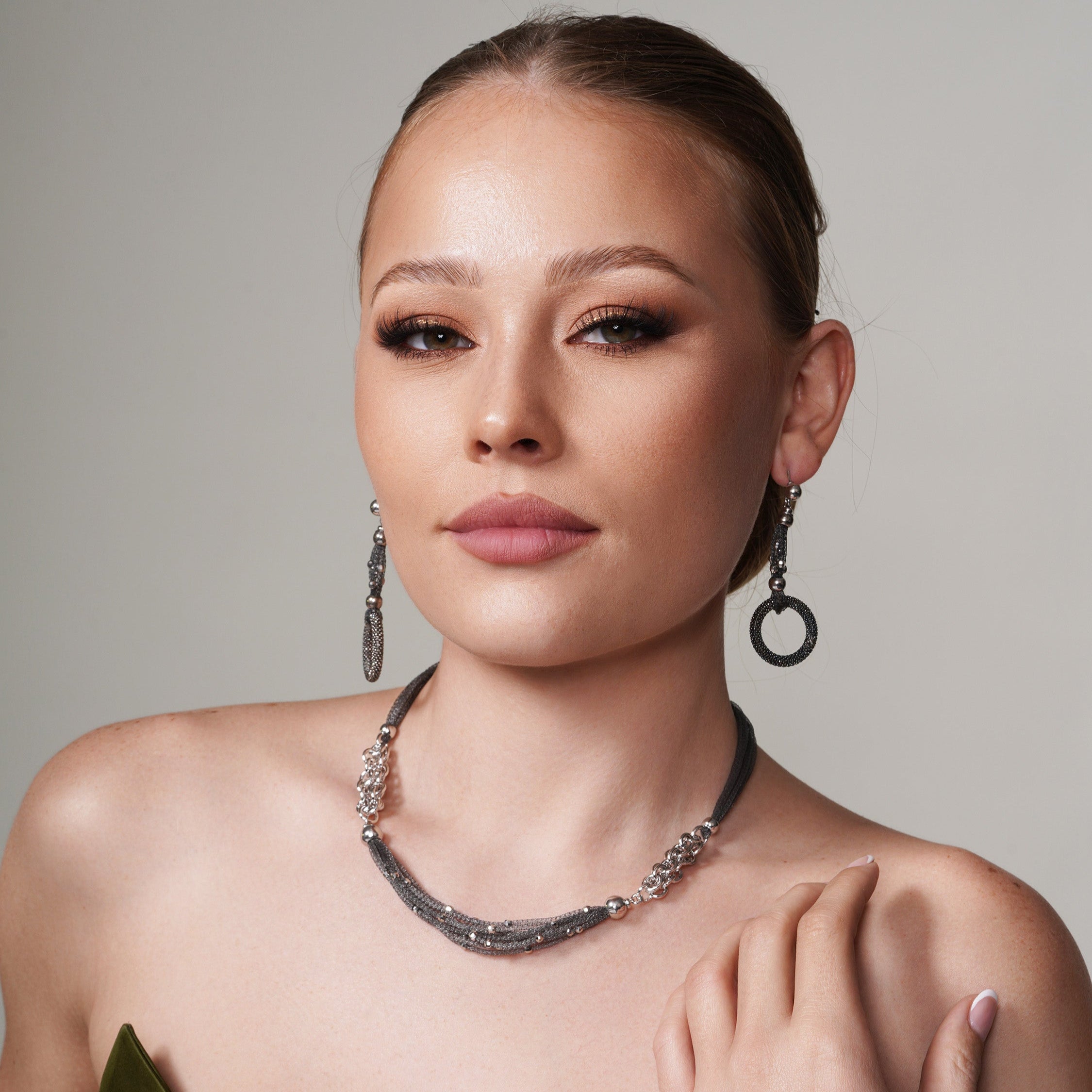 Black Rhodium Plated 925 Sterling Silver Multi Mesh Strands with Chain Links & Beaded Accent Necklace- ECN00012