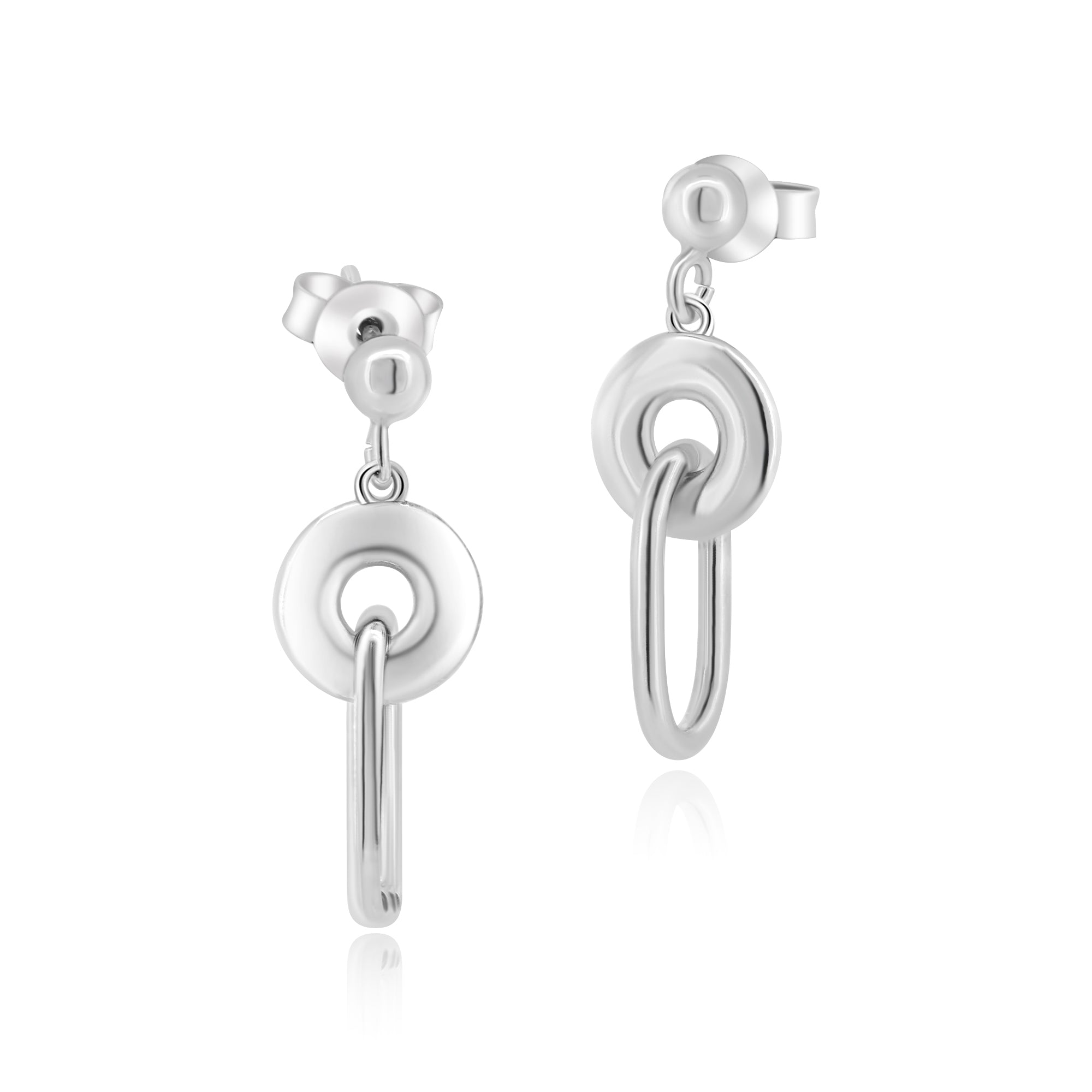 Rhodium Plated 925 Sterling Silver Dangling Donut Paperclip Stud Earrings - ITE00095-RH