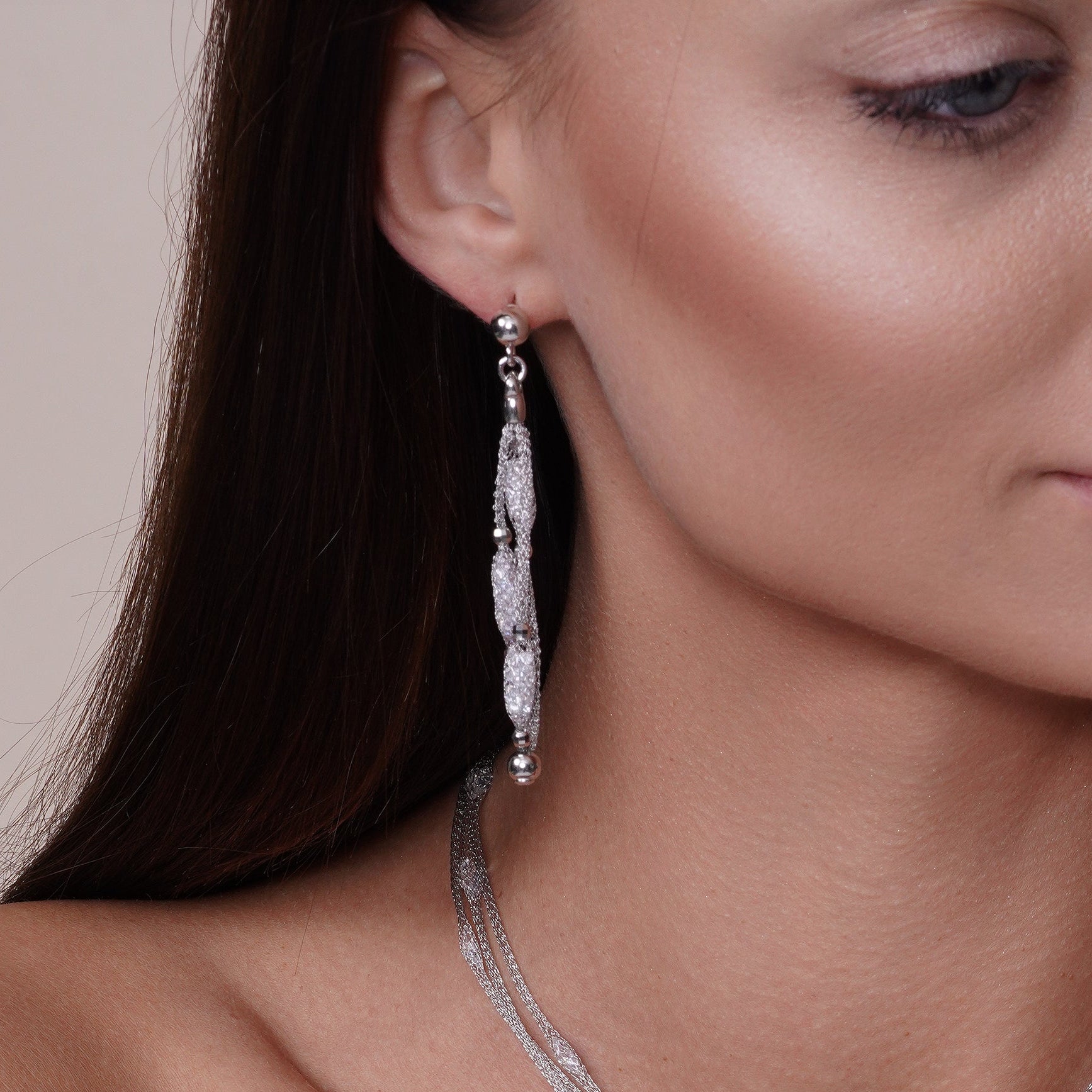 Rhodium Plated 925 Sterling Silver CZ Filled Mesh Beaded Italian Earrings - ITE00015