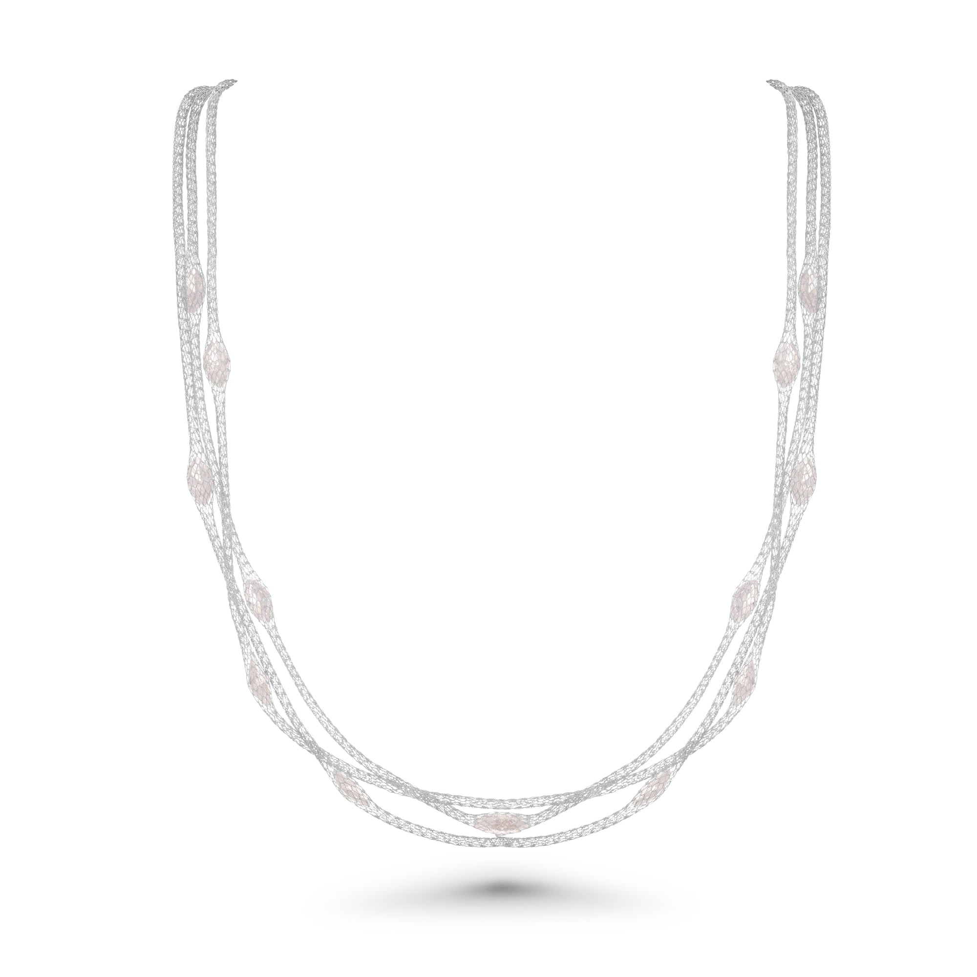 Silver 925 Rhodium Plated Triple Strand Mesh Necklace Filled with Marquise CZ - ITN00050