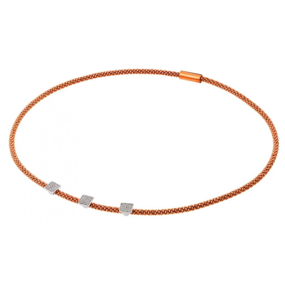 Silver 925 Rose Gold Plated Three Small Square Micro Pave CZ Necklace - ITN00096RGP