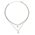 Plated 925 Sterling Silver Triple Beaded Chain CZ Heart, Cross Necklace - ITN00123