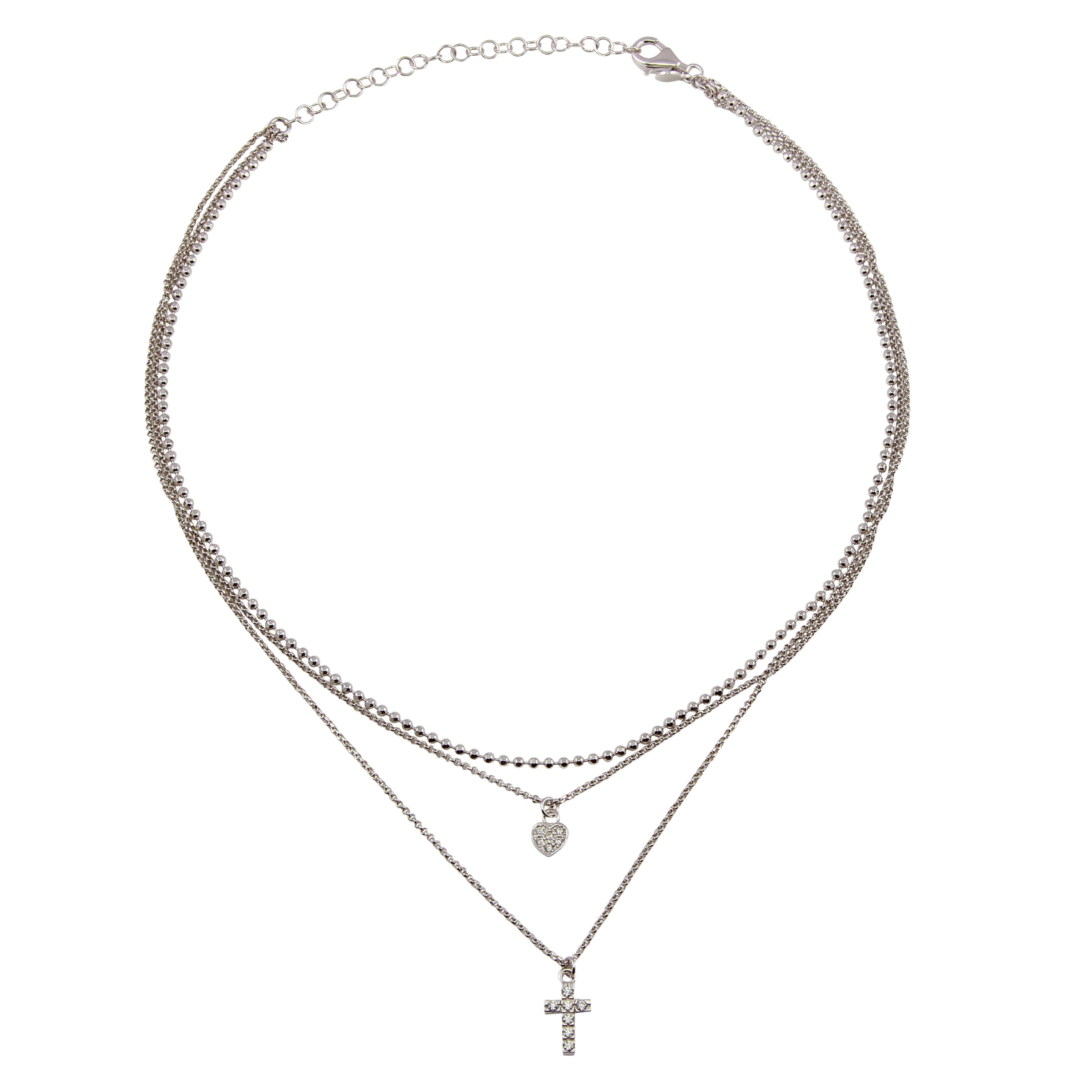 Plated 925 Sterling Silver Triple Beaded Chain CZ Heart, Cross Necklace - ITN00123
