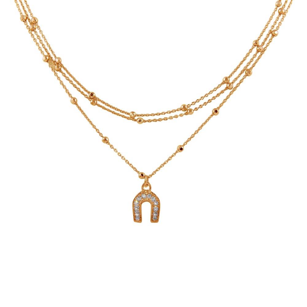 Plated 925 Sterling Silver Multi Chain DC Beaded Horse Shoe Charm Italian Choker Necklace - ITN00126