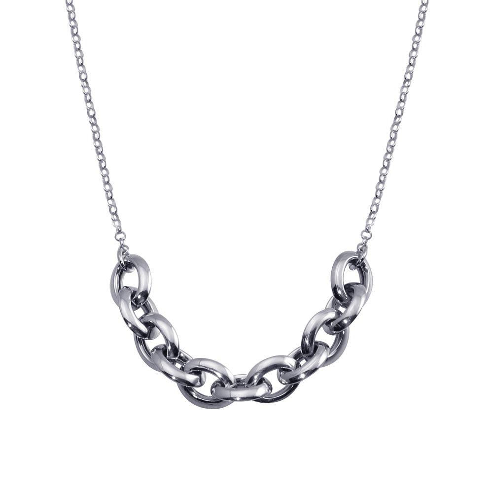 Rhodium Plated 925 Sterling Silver Large Link Center Necklace - ITN00141-RH