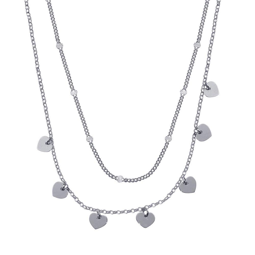 Rhodium Plated 925 Sterling Silver Multi Chain Dangling Heart Charm Necklace - ITN00143-RH