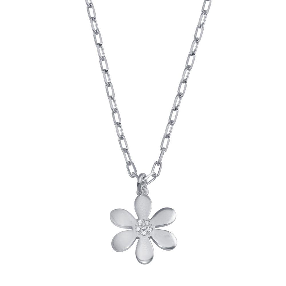 Rhodium Plated 925 Sterling Silver Paperclip Chain Flower CZ Necklace - ITN00154-RH