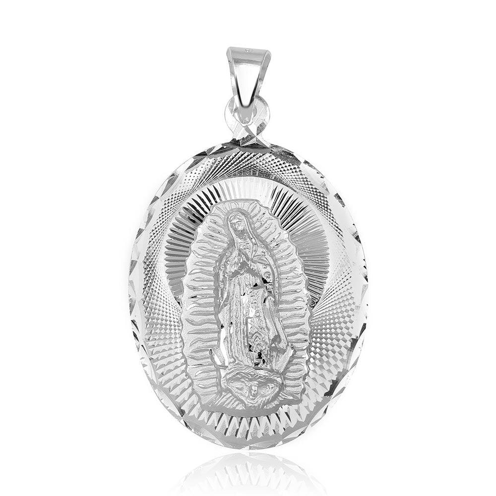 High Polished 925 Sterling Silver Diamond Cut Lady of Guadalupe Medallion Pendant - JCA097-1