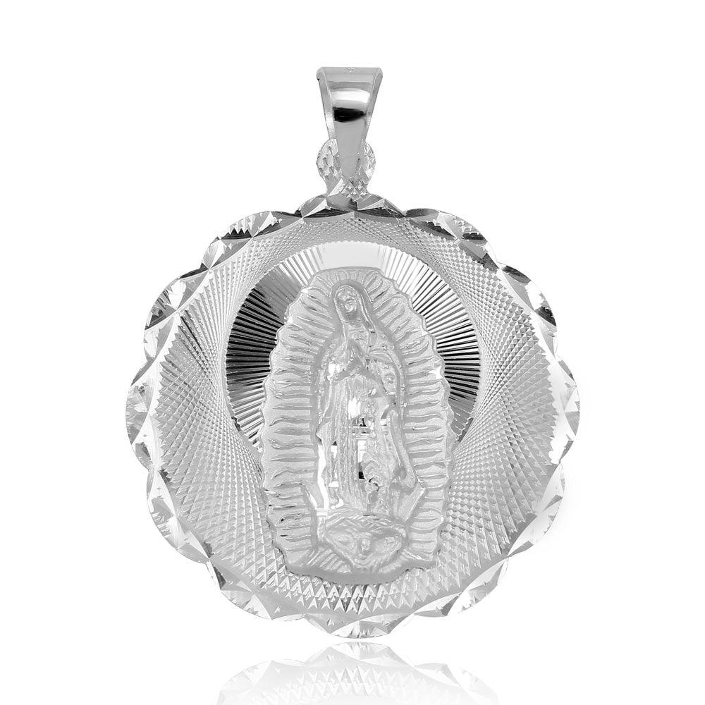 High Polished 925 Sterling Silver DC Wavy Edge Round Lady of Guadalupe Medallion Pendant - JCA098-1