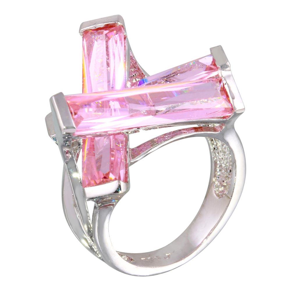Rhodium Plated 925 Sterling Silver 3 Pink Baguette CZ Ring - JSR00002PNK