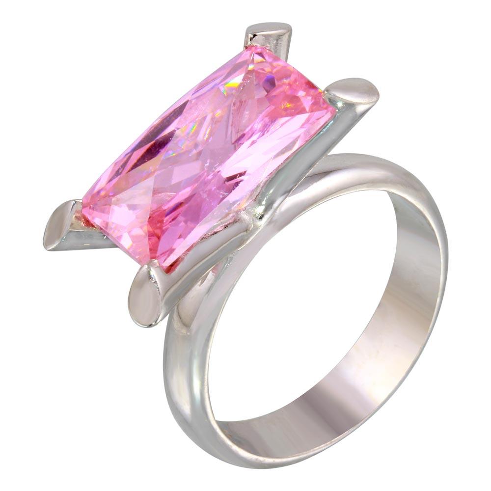 Rhodium Plated 925 Sterling Silver Pink Baguette CZ Ring - JSR00006PNK