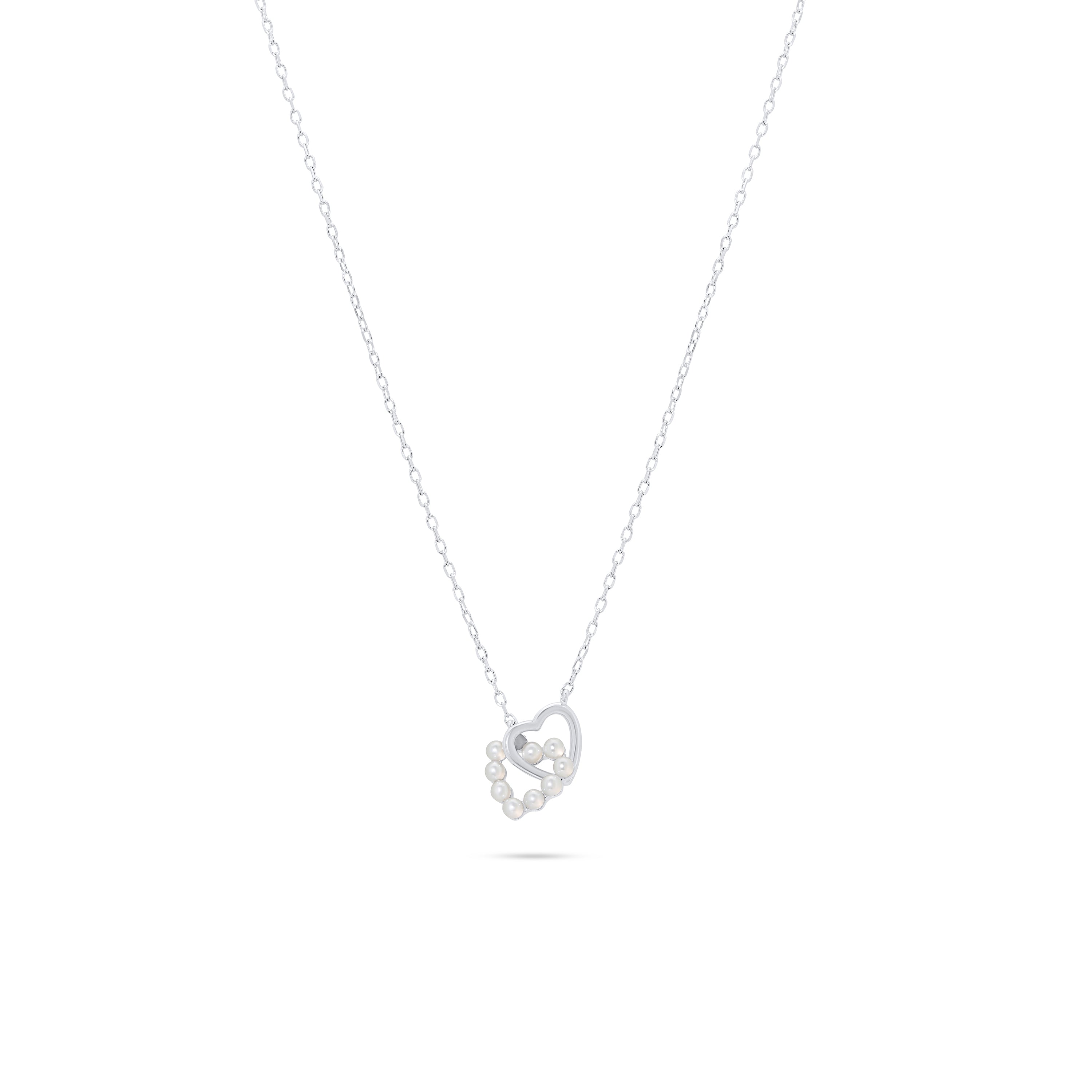 Rhodium Plated 925 Sterling Silver Intertwined Synthetic Pearl Heart Adjustable Necklace - JTN00002