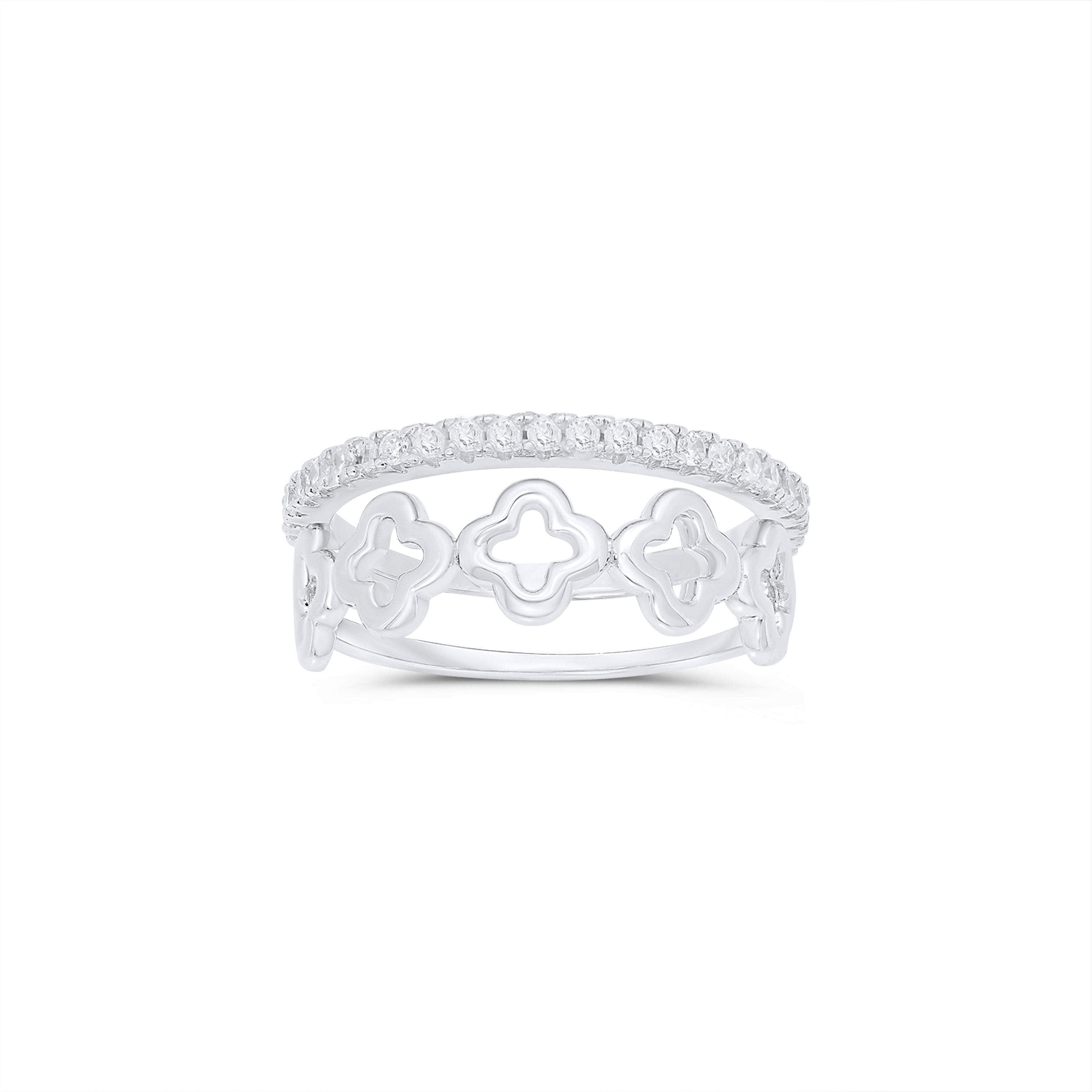 Rhodium Plated 925 Sterling Silver Eternity Clover Clear CZ Ring Set - JTR00002