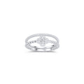 Rhodium Plated 925 Sterling Silver Beaded Clover Plain Rounded Band Clear CZ Ring Set - JTR00003