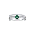 Rhodium Plated 925 Sterling Silver Triple Clover Plain Rounded Band Clear and Green CZ Ring Set - JTR00004