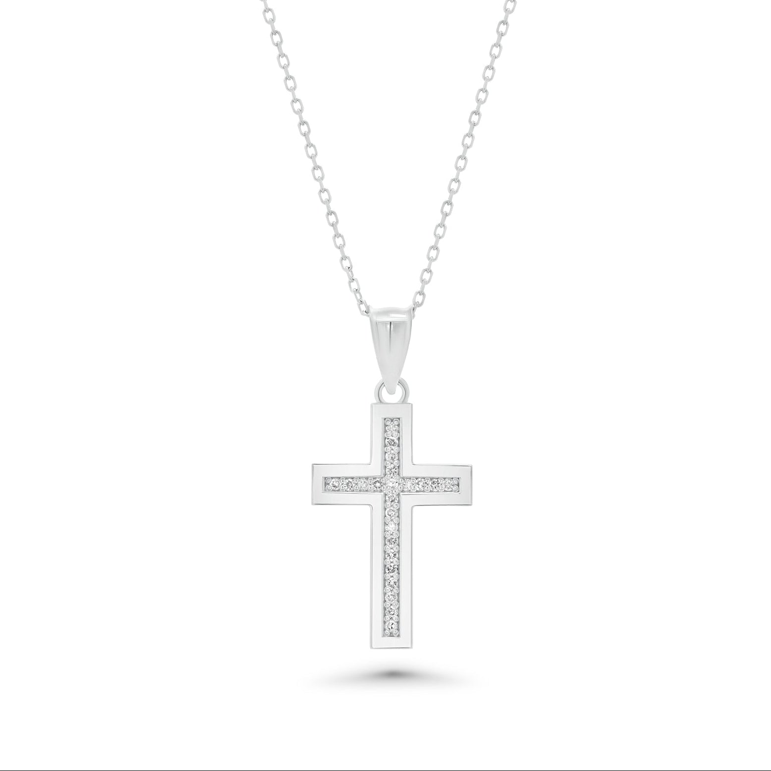 Rhodium Plated 925 Sterling Silver Outlined Lab Grown Diamond 23.5 mm x 14.5mm Cross Pendant Necklace - LGMN00013