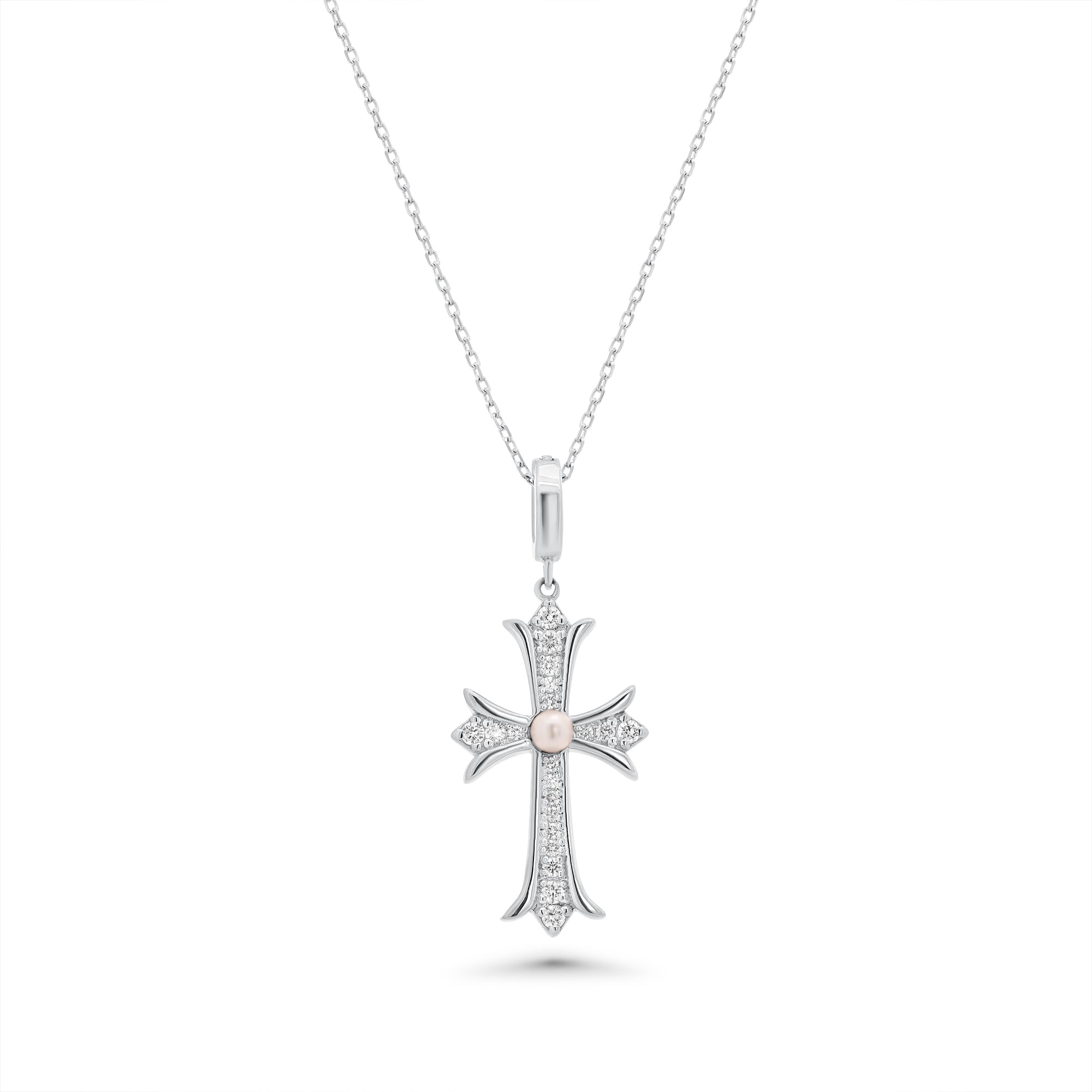 Rhodium Plated 925 Sterling Silver Lab Grown Diamond & Pearl Cross Necklace - LGMN00014