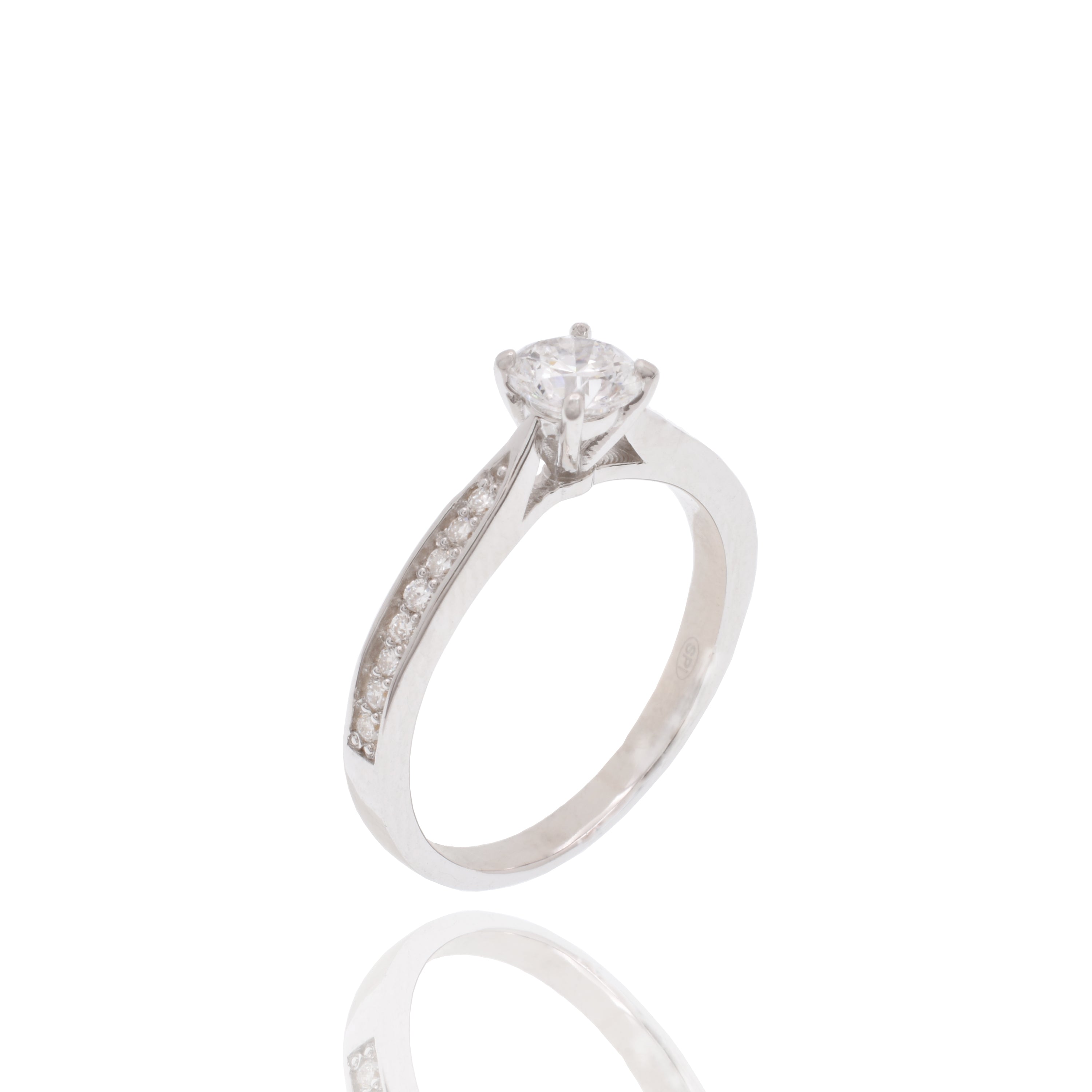 Rhodium Plated 925 Sterling Silver 5mm Round Lab Grown Diamond Pave Side Stones on Solitaire Engagement Ring - LGMR00005
