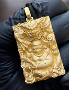 Solid gold Laughing Buddha and Dragon Rectangular Pendant, seated Budai with a child under a full-width carved dragon
