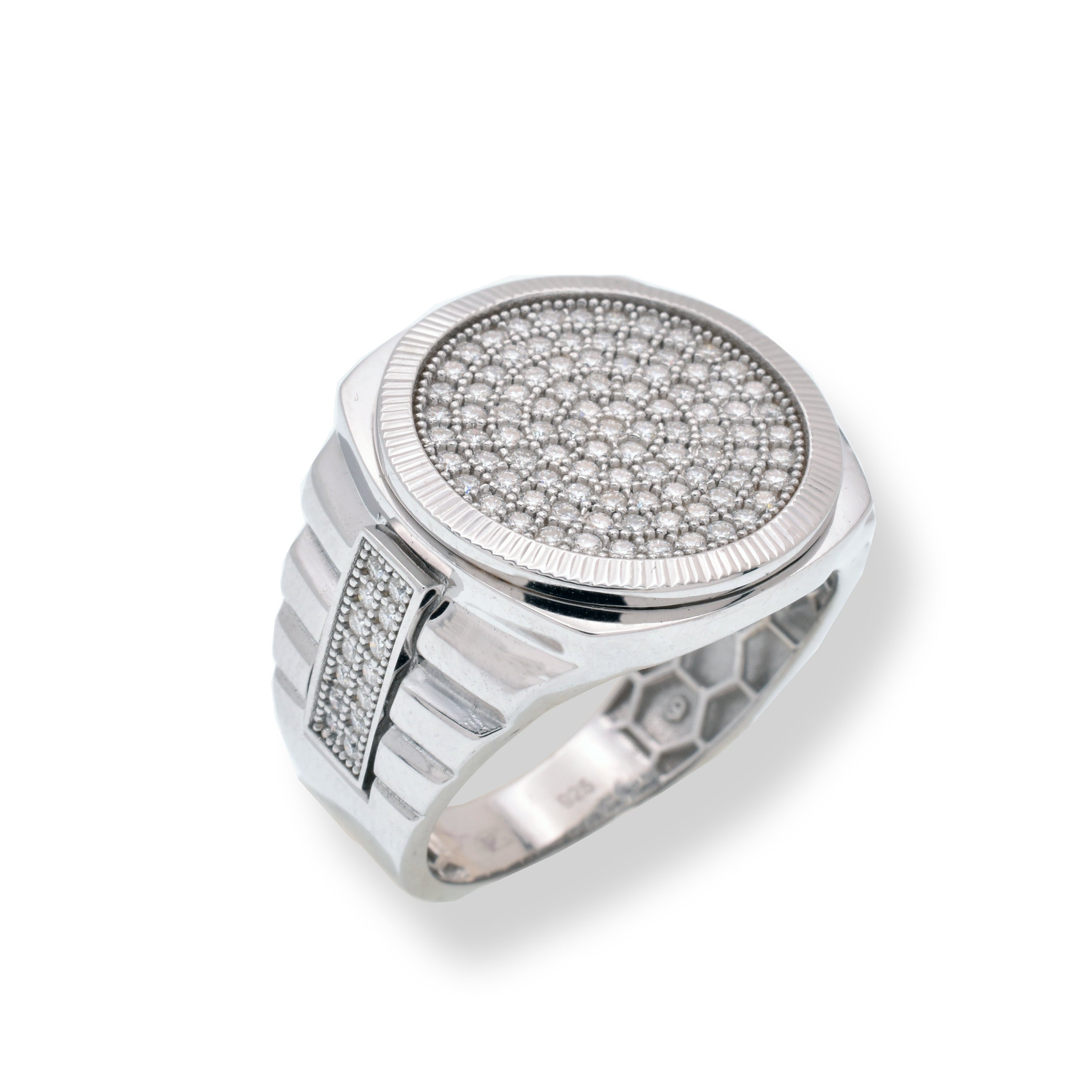 Rhodium Plated 925 Sterling Silver Men's Moissanite Stone Diamond Cut Round Bezel 18mm x 18.5mm Statement Ring - MGMR00034
