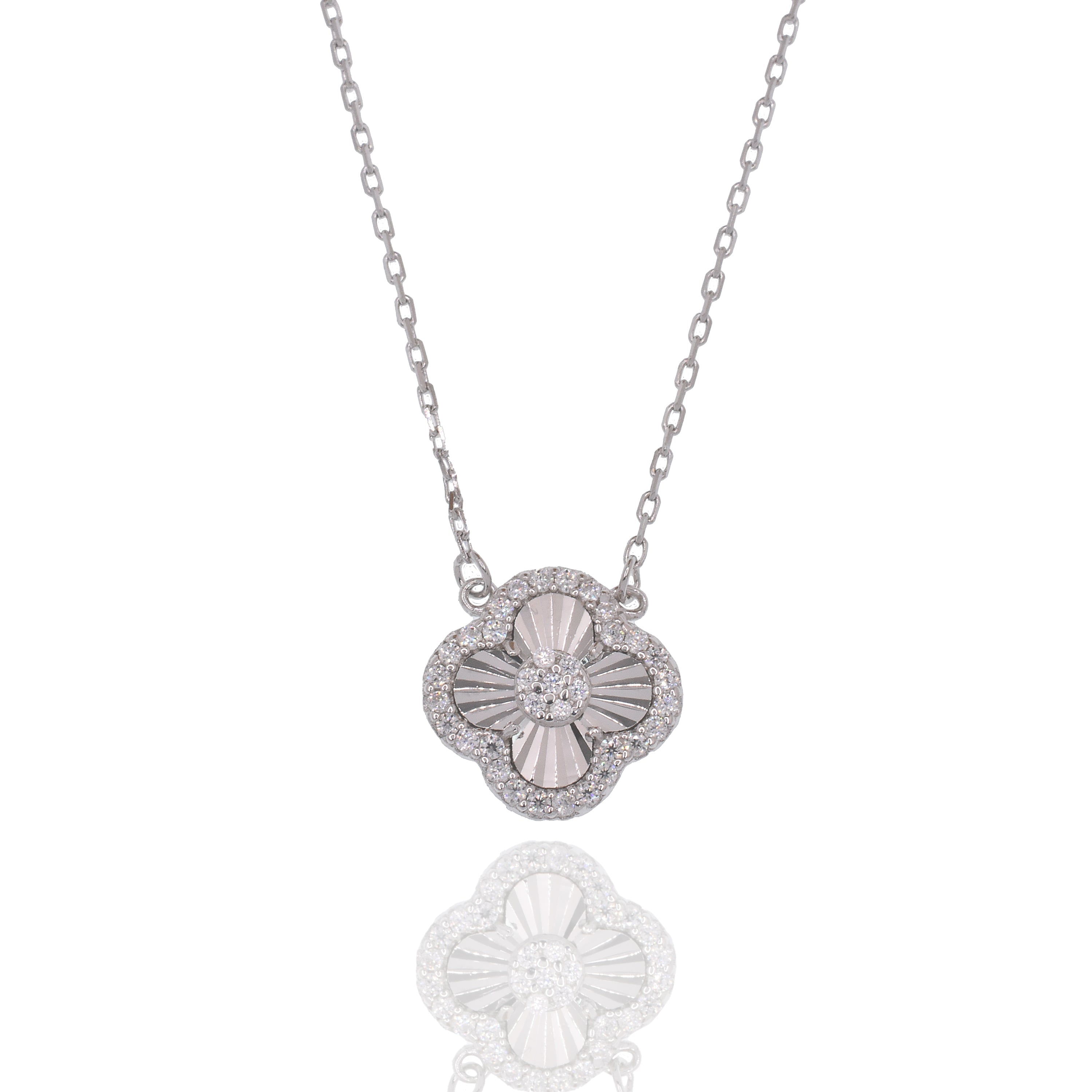 Rhodium Plated 925 Sterling Silver Moissanite Four Leaf Clover 8.3mm Pendant Adjustable Necklace - MPAN0002