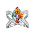 Rhodium Plated 925 Sterling Silver Open Shank Diamond Shape Murano Glass CZ Ring - MR00004