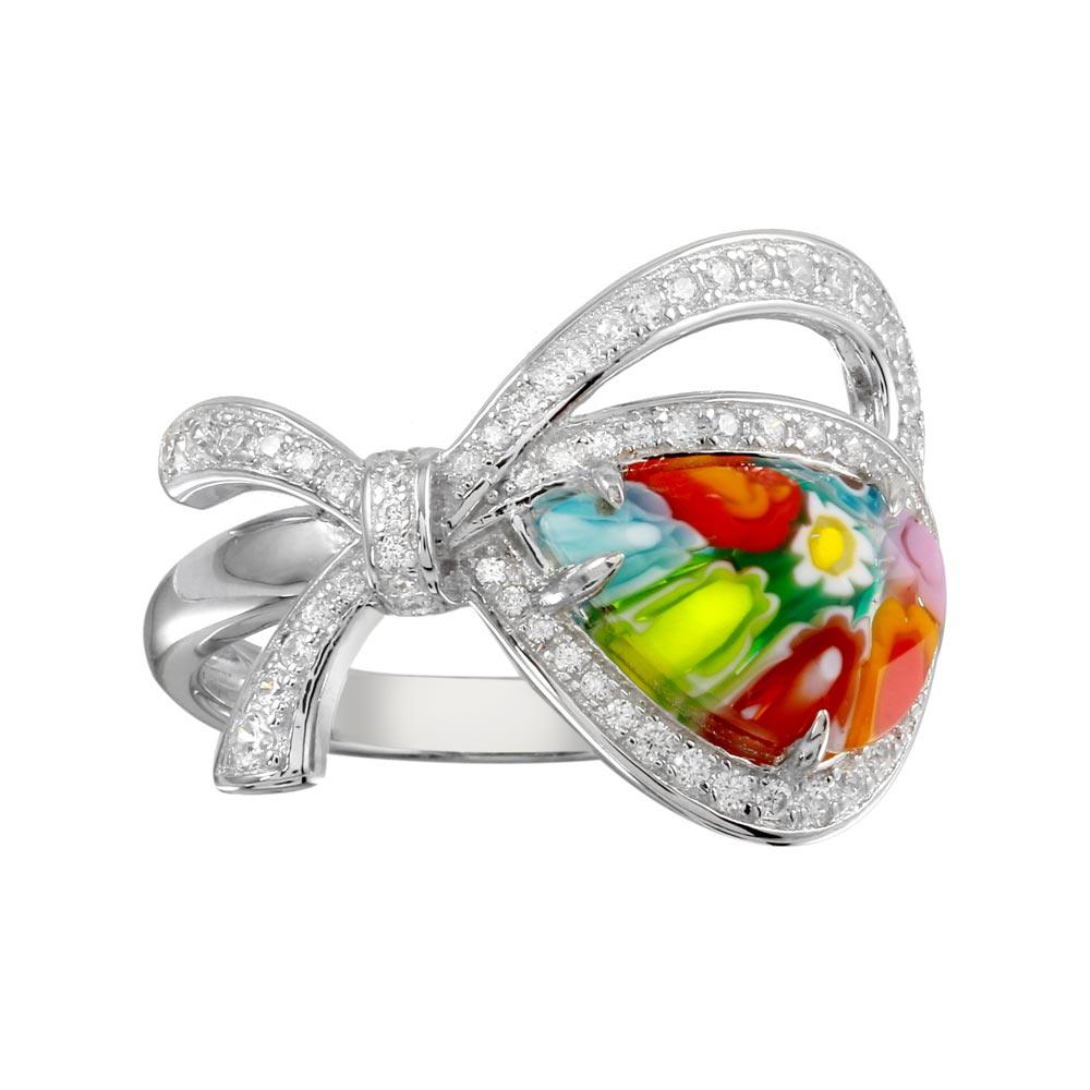 Rhodium Plated 925 Sterling Silver Open Heart Shape Ribbon Murano Glass CZ Ring - MR00007