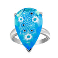 Rhodium Plated 925 Sterling Silver Blue Teardrop Murano Glass Ring - MR00011