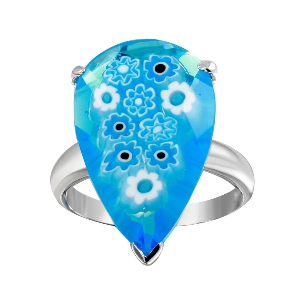 Rhodium Plated 925 Sterling Silver Blue Teardrop Murano Glass Ring - MR00011
