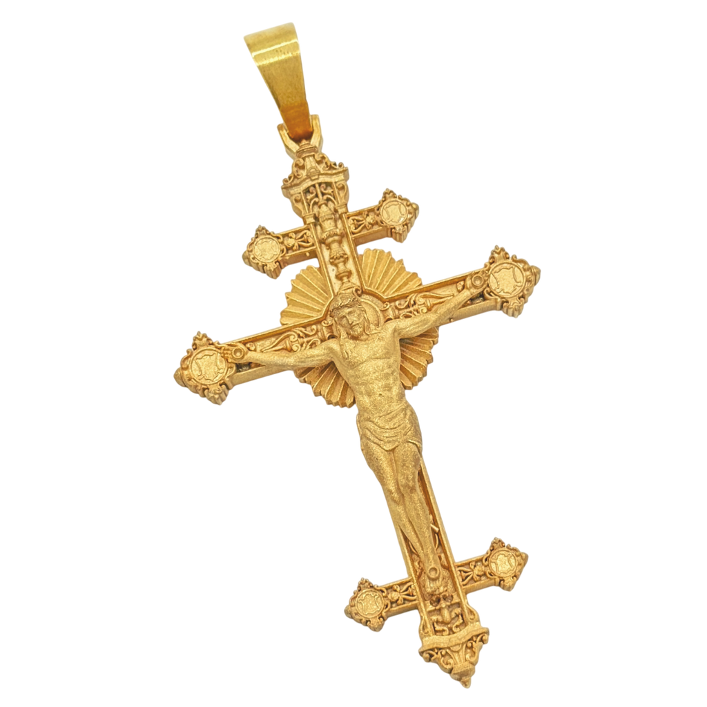 Solid gold Museum-Level Crucifix (No Angels) Pendant, Orthodox three-bar cross with rosette terminals and sunburst nimbus