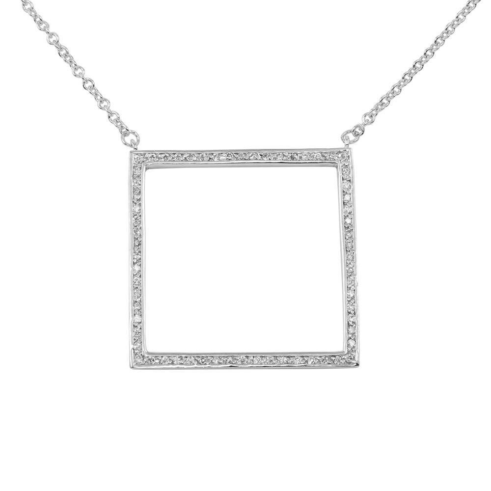 Rhodium Plated 925 Sterling Silver Large Open Square Pendant Necklace with CZ - N000006