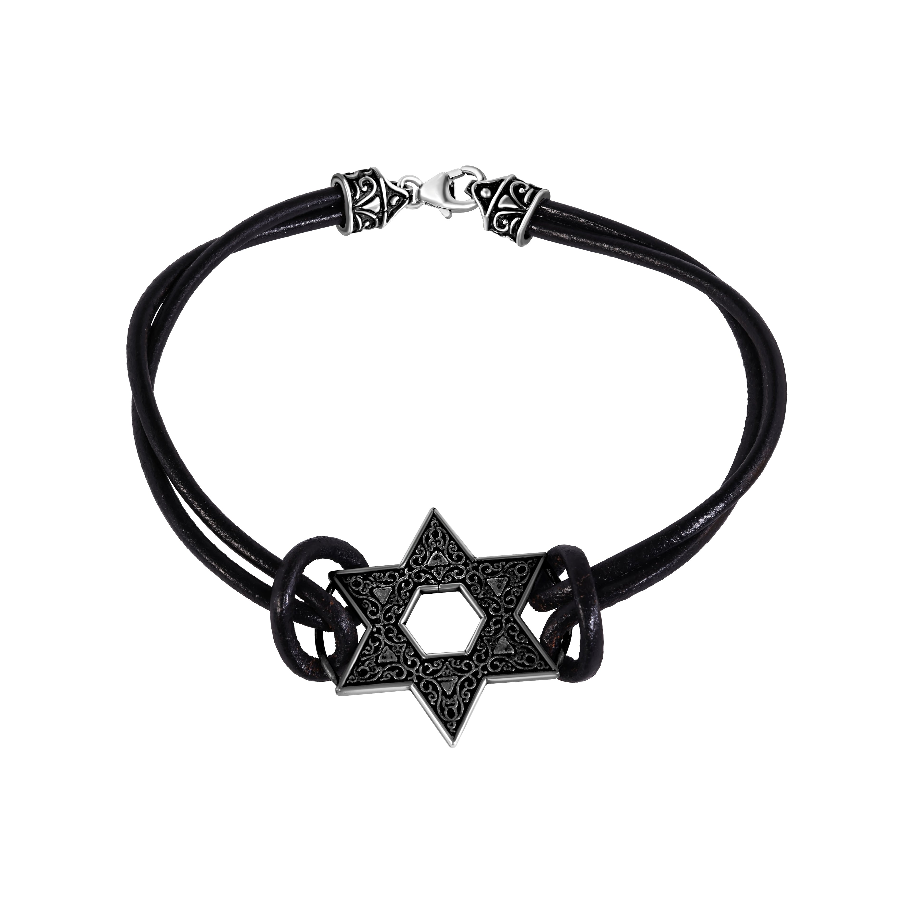 Silver 925 Oxidized Star Of David on a Leather Bracelet - OXB00005